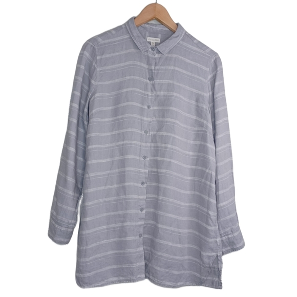 Garnet Hill Striped 100% Linen Button Down Front Contemporary Tunic Top - Picture 1 of 13